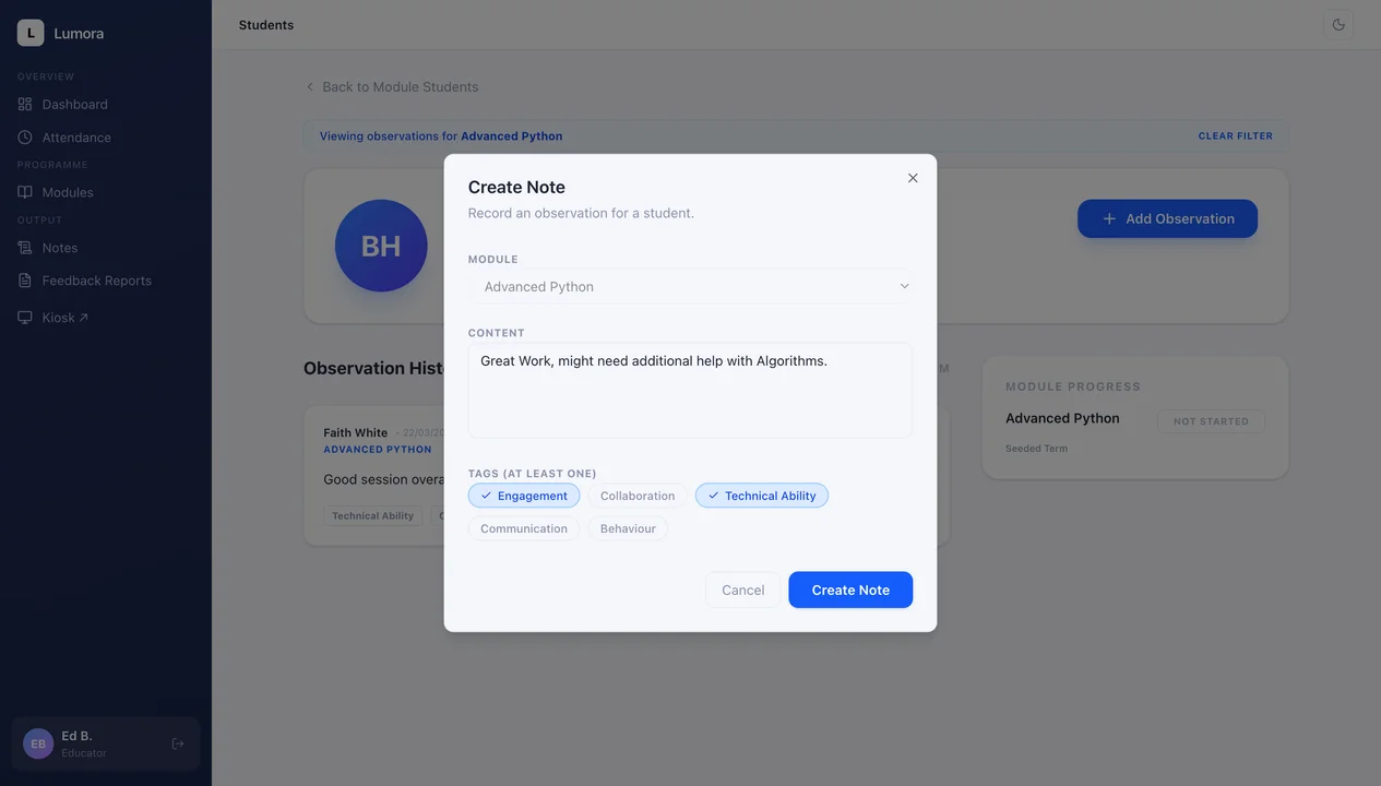 Screenshot: slide-out note panel on the student list, showing note input with tag selection