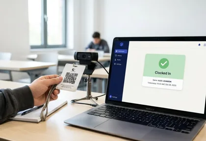 Screenshot: kiosk interface on a tablet — student scanning a QR code to clock in
